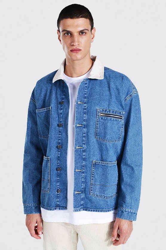 Oversized Cord Collar Worker Denim Jacket