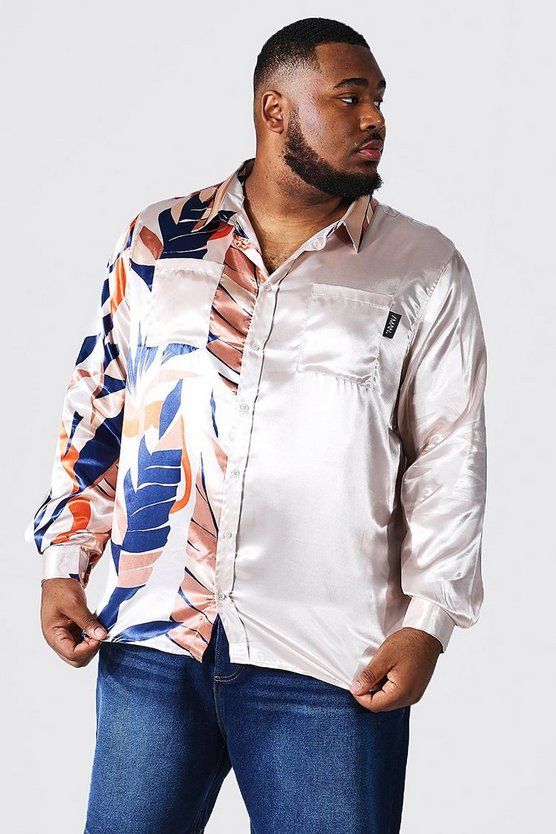 Plus Satin Leaf Print Spliced Shirt