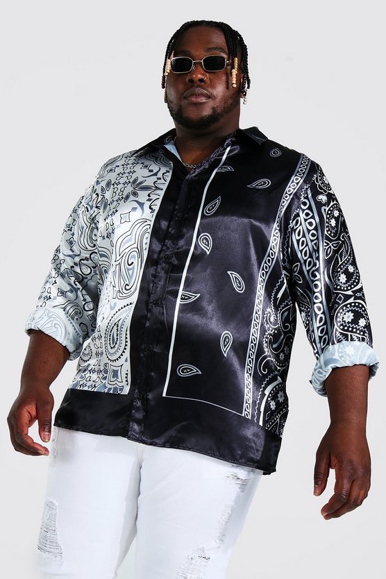 Plus Border Print Satin Paisley Shirt