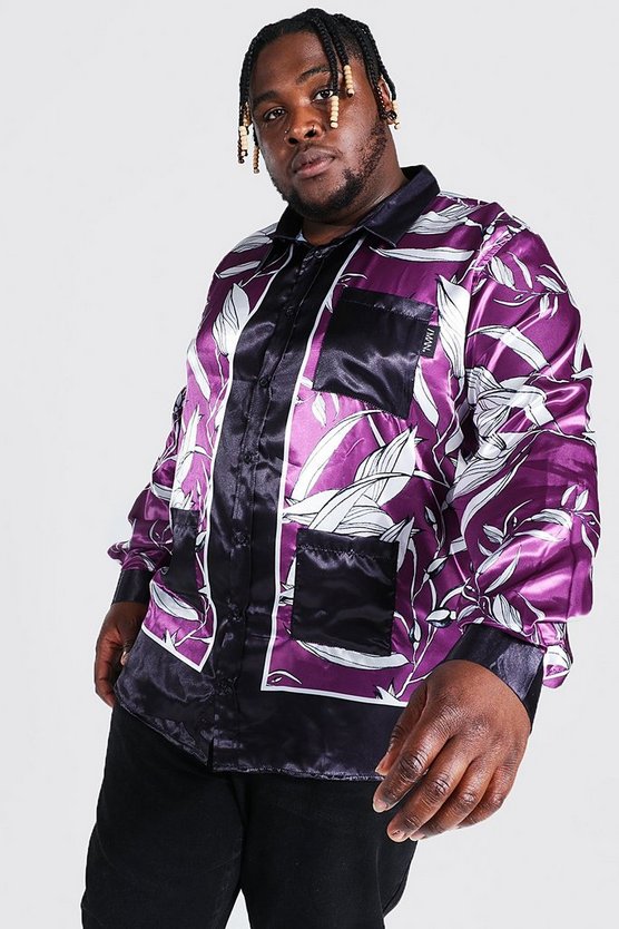 Plus Satin Border Print Palm Shirt