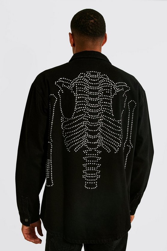 Tall Rhinestone Skeleton Denim Shirt Jacket