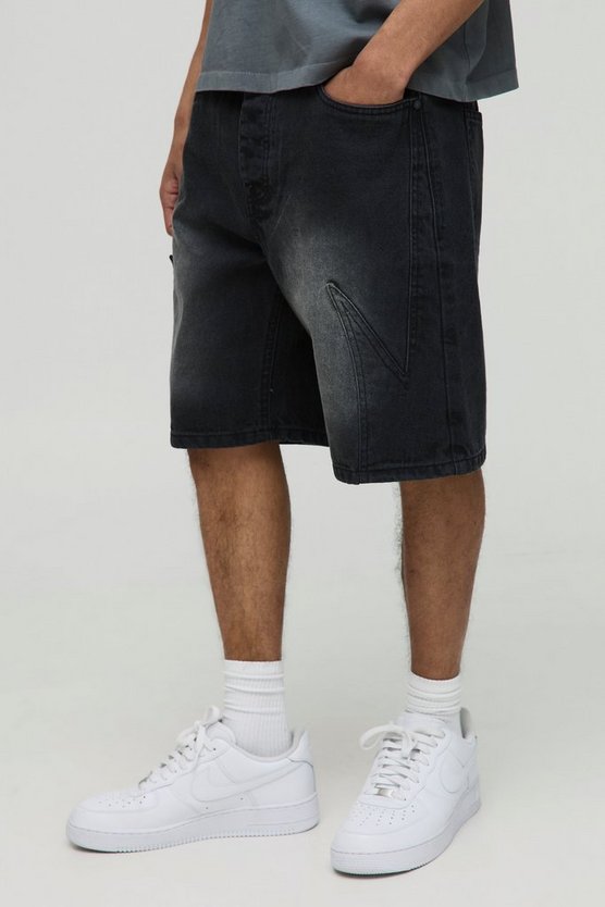 Relaxed Long Length Panelled Washed Black Shorts