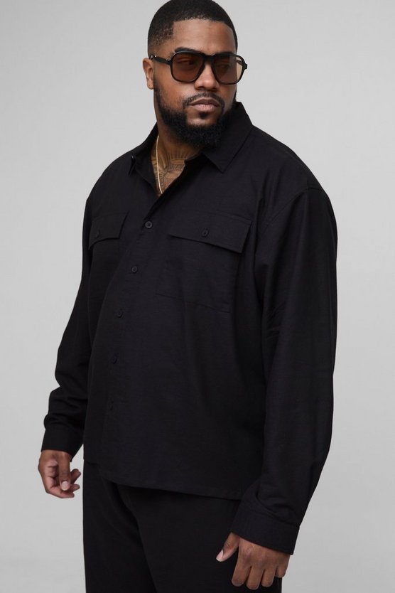 Plus Long Sleeve Linen Look Cargo Pocket Oversized Shirt Jacket