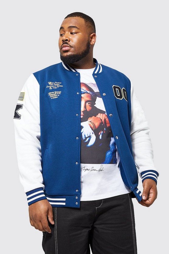 Plus Jersey Varsity Bomber Jacket With Badges