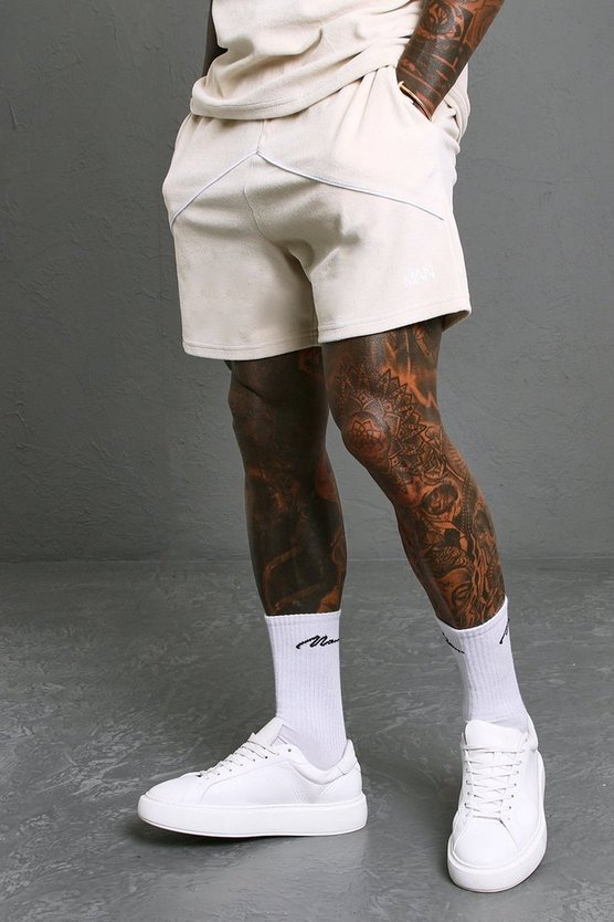 Loose Fit Velour Panelled Short With Piping 1 Loose Fit Velour Panelled Short With Piping