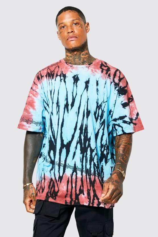 Oversized Barbed Wire Print Tie Dye T-shirt