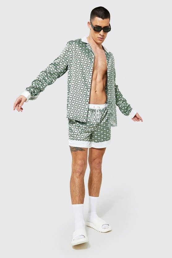 Long Sleeve Satin Geo Shirt And Shorts Set 1 Long Sleeve Satin Geo Shirt And Shorts Set