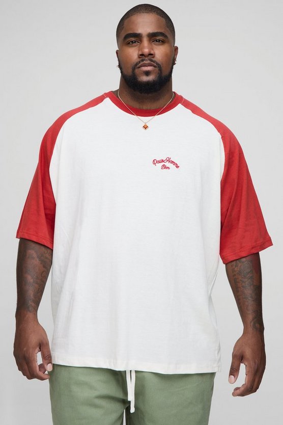 Plus Oversized Homme Embroidered Colour Block Raglan T-Shirt