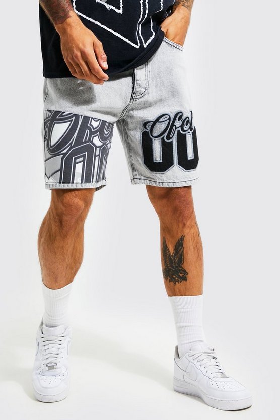 Relaxed Fit Varsity Spliced Denim Shorts