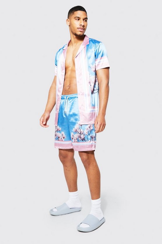 Tall Satin Floral Border Shirt And Short Set 1 Tall Satin Floral Border Shirt And Short Set