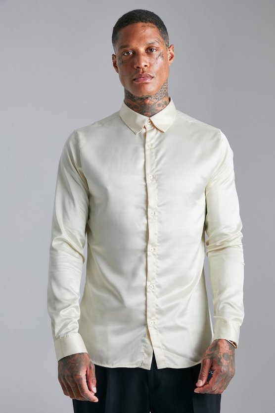 Long Sleeve Muscle Fit Satin Shirt 1 Long Sleeve Muscle Fit Satin Shirt