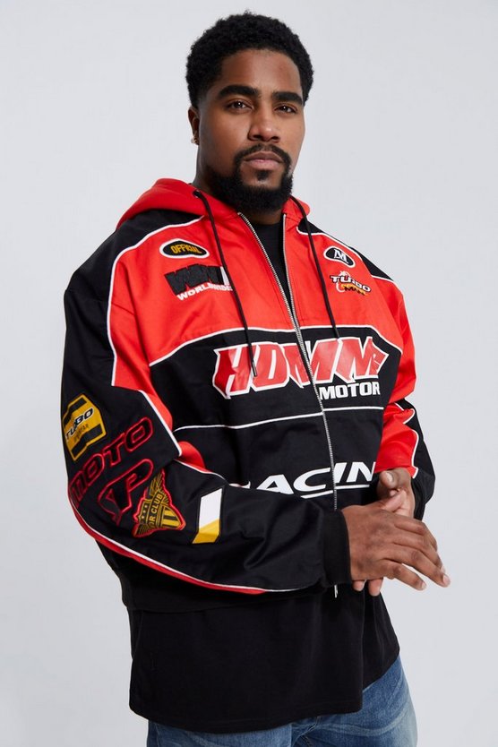 Plus Boxy Twill Moto Jacket With Jersey Hood 1 Plus Boxy Twill Moto Jacket With Jersey Hood