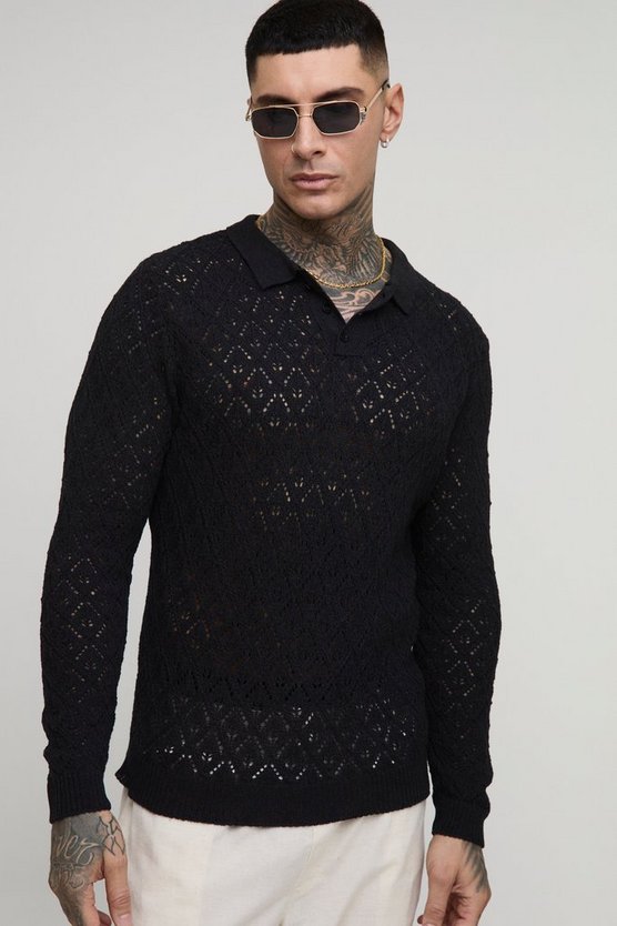 Tall Regular Fit Crochet Long Sleeve Polo Shirt 1 Tall Regular Fit Crochet Long Sleeve Polo Shirt