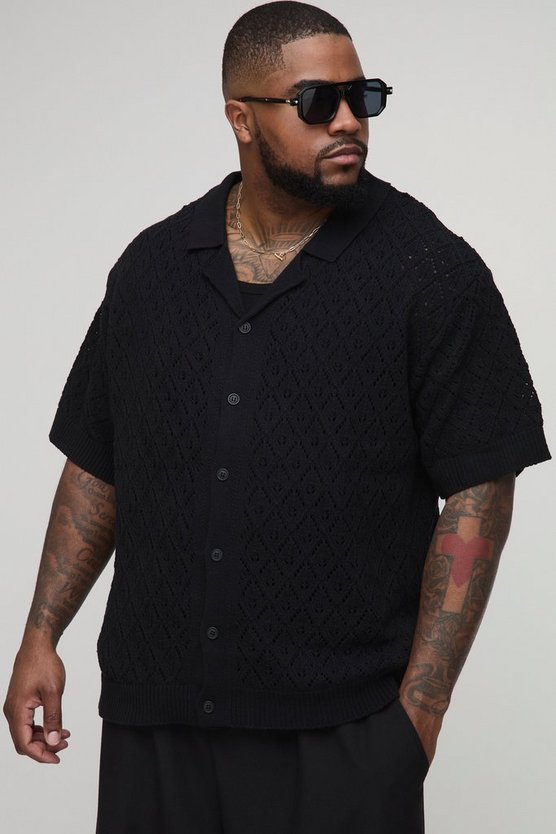 Plus Oversized Leaf Pointelle Crochet Revere Shirt