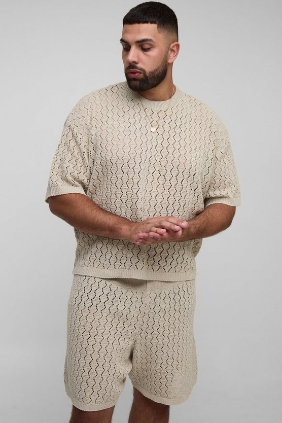 Plus Oversized Boxy Zig Zag Crochet T-Shirt & Short Set
