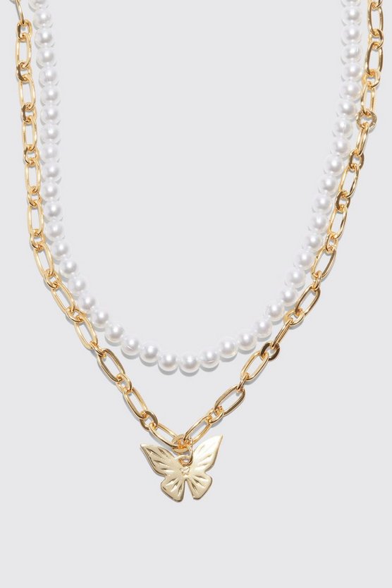 Butterfly Pearl Multi Layer Chain Necklace