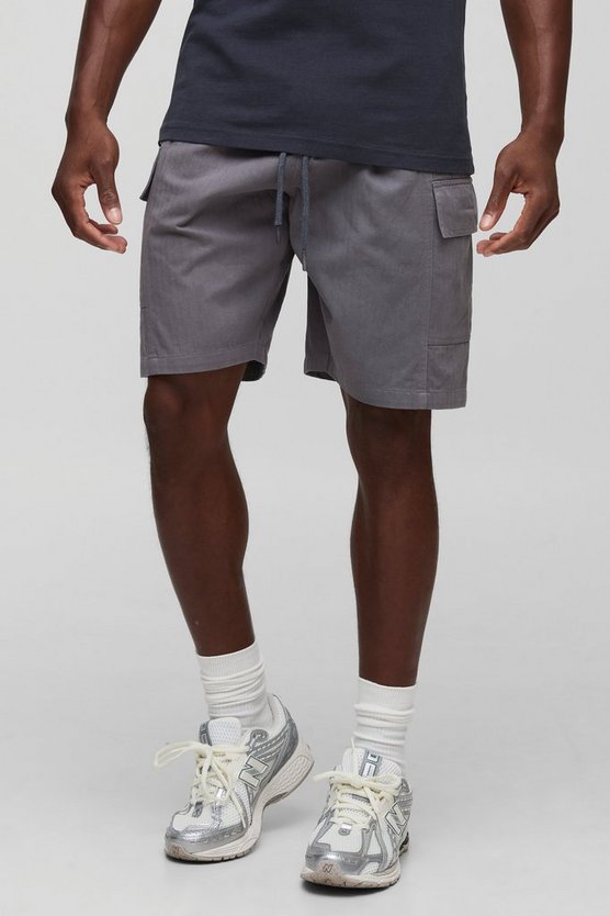 Elasticated Waist Baggy Herringbone Washed Twill Long Cargo Shorts