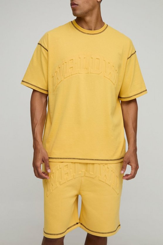 Oversized Peached Embossed Contrast Stitch T-Shirt & Dropped Crotch Shorts Set 1 Oversized Peached Embossed Contrast Stitch T-Shirt & Dropped Crotch Shorts Set