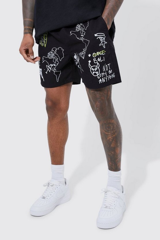 Elastic Waist Comfort Graffiti Print Short 1 Elastic Waist Comfort Graffiti Print Short