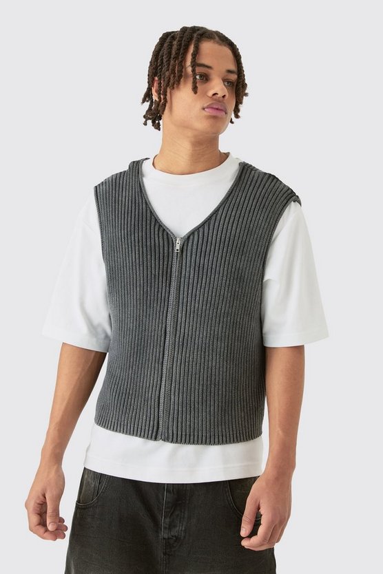 Boxy Acid Wash Ribbed Knit Vest In Black