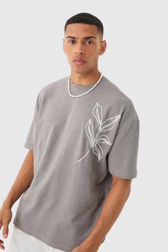 Oversized Embroidered Slub Floral Line T-shirt 1 Oversized Embroidered Slub Floral Line T-shirt