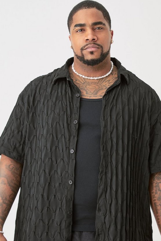 Plus Short Sleeve Oversized Jacquard Shirt In Black 1 Plus Short Sleeve Oversized Jacquard Shirt In Black