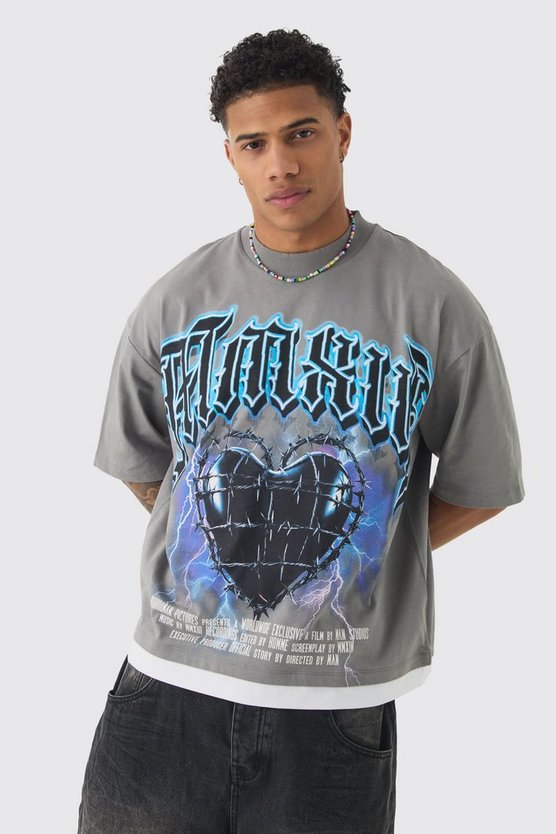 Oversized Boxy Extended Neck Heart Faux Layer T-shirt 1 Oversized Boxy Extended Neck Heart Faux Layer T-shirt