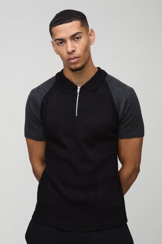 Short Sleeve Muscle Fit Raglan Colour Block Knit Polo 1 Short Sleeve Muscle Fit Raglan Colour Block Knit Polo