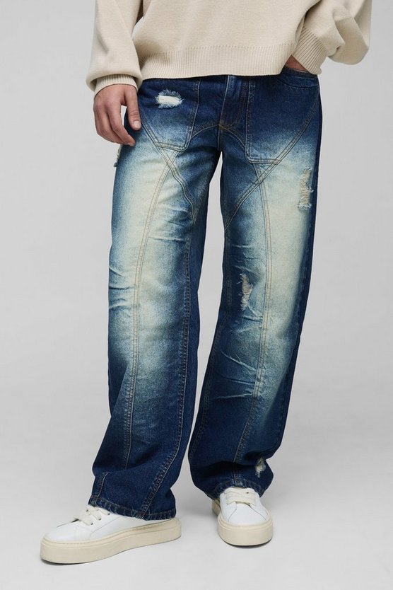 Relaxed Rigid Distressed Panelled Crinkle Wash Denim Jeans 1 Relaxed Rigid Distressed Panelled Crinkle Wash Denim Jeans
