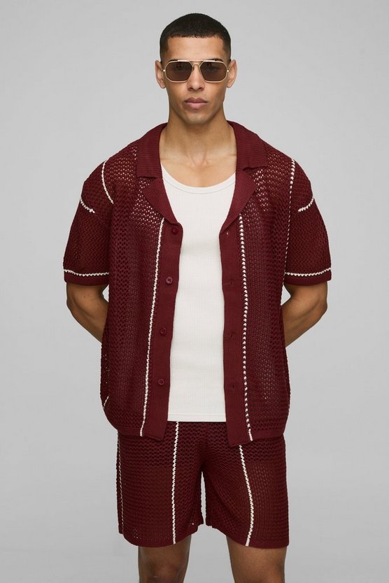 Boxy Revere Collar Open Stitch Stripe Knitted Shorts Set 1 Boxy Revere Collar Open Stitch Stripe Knitted Shorts Set