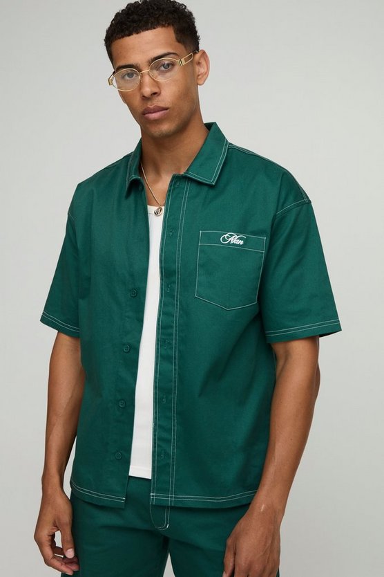 Oversized Contrast Stitch Embroidered Short Sleeve Shirt 1 Oversized Contrast Stitch Embroidered Short Sleeve Shirt