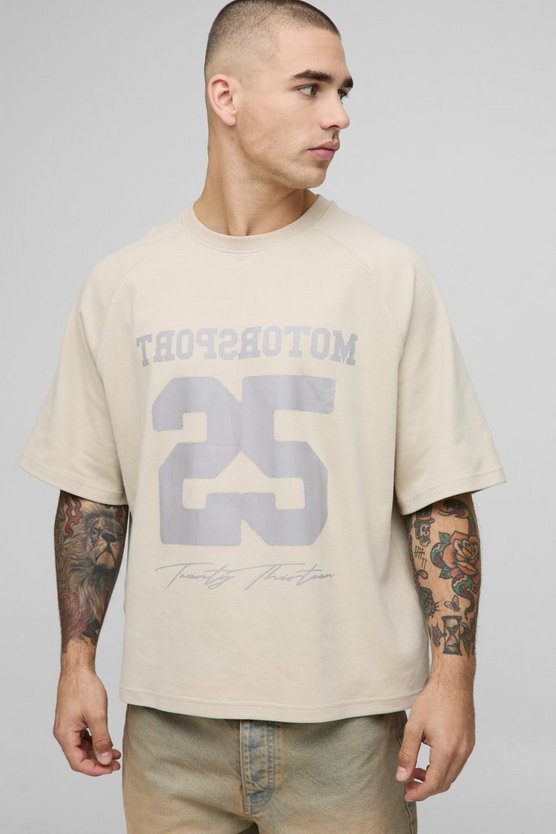 Oversized Boxy Extended Neck 25 Varsity Tonal Printed Raglan T-Shirt 1 Oversized Boxy Extended Neck 25 Varsity Tonal Printed Raglan T-Shirt