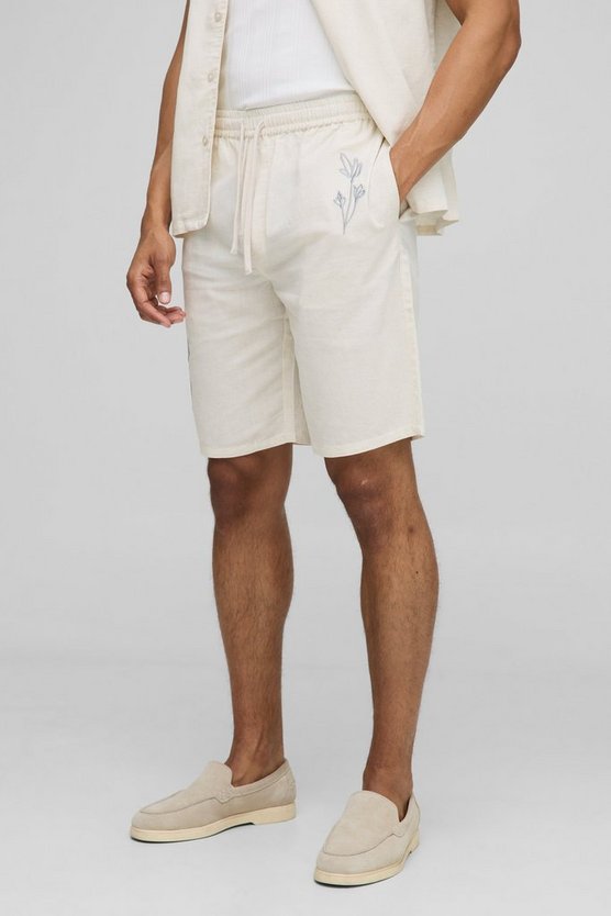 Elasticated Waist Straight Fit Floral Emboridery Linen Shorts 1 Elasticated Waist Straight Fit Floral Emboridery Linen Shorts