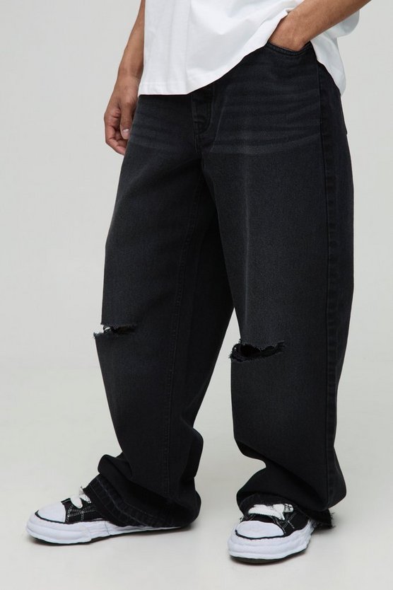 Wide Leg Ripped Knee Jeans With Let Down Hem