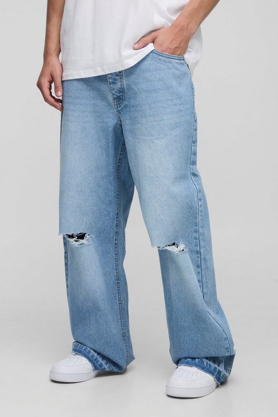 Wide Leg Ripped Knee Jeans With Let Down Hem