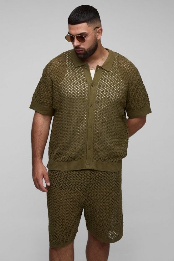 Plus Oversized Boxy Open Crochet Shirt & Short Set 1 Plus Oversized Boxy Open Crochet Shirt & Short Set