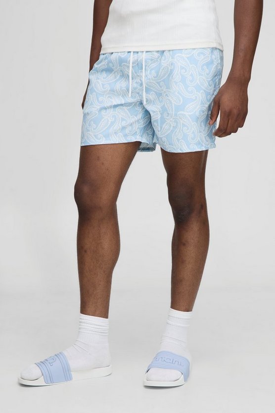 Mid Length Stripe Paisley Printed Swim Trunks