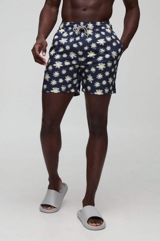 Mid Length Blurred Floral Swim Trunks