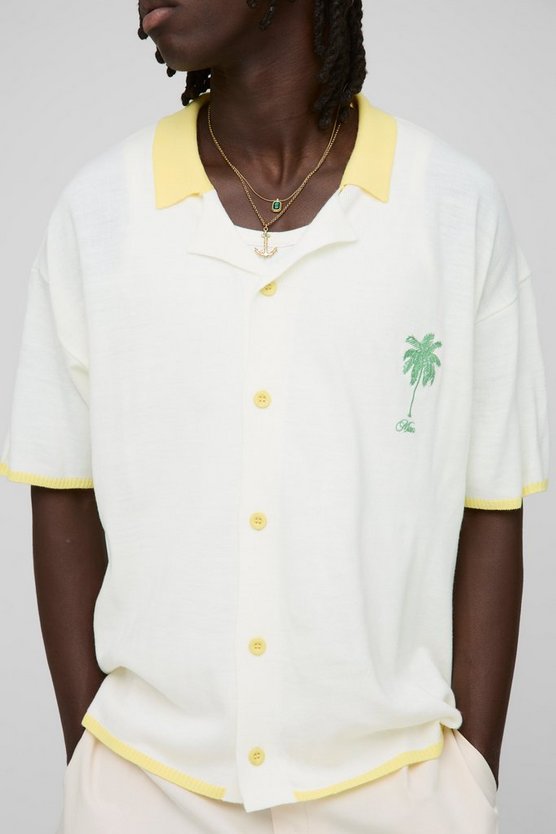 Regular Fit Embroidered Palm Revere Knitted Shirt 1 Regular Fit Embroidered Palm Revere Knitted Shirt