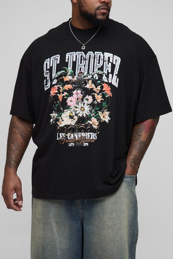 Plus Oversized Extended Neck St. Tropez Floral Print T-Shirt 1 Plus Oversized Extended Neck St. Tropez Floral Print T-Shirt