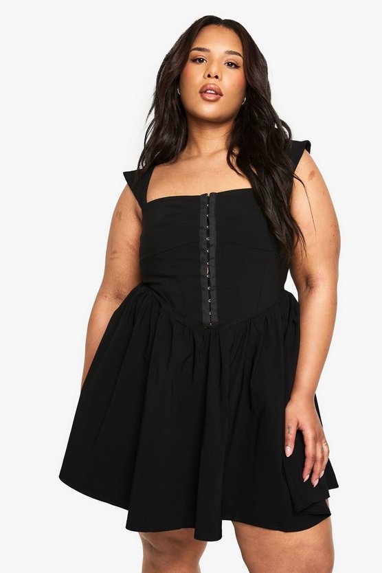 Plus Woven Stretch Corset Detail Short Sleeve Floaty Mini Dress