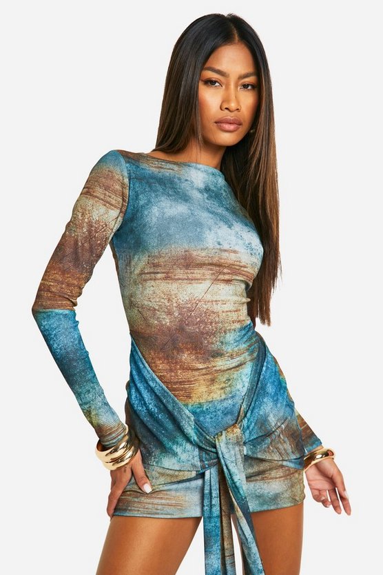 Printed Tie Front Mesh Mini Dress