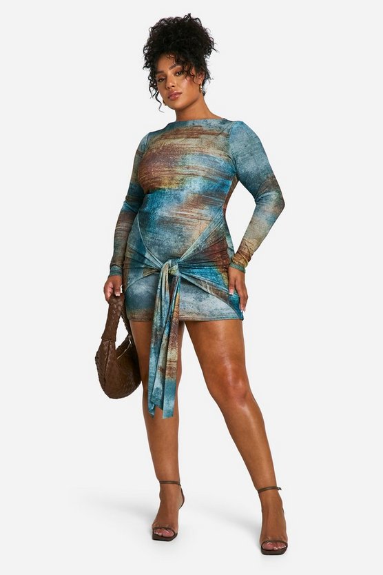 Plus Printed Tie Front Mesh Mini Dress