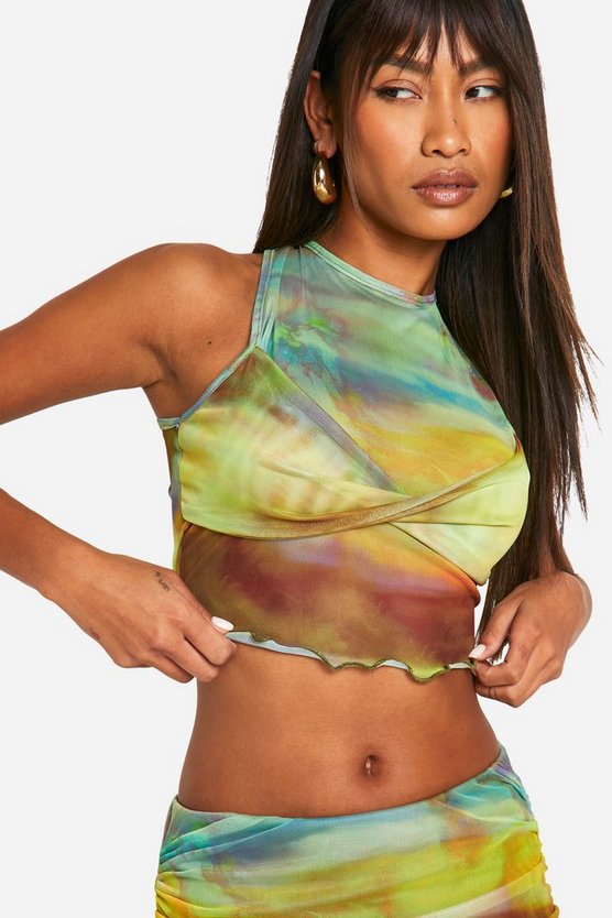 Printed Mesh Twist Front Racer Top