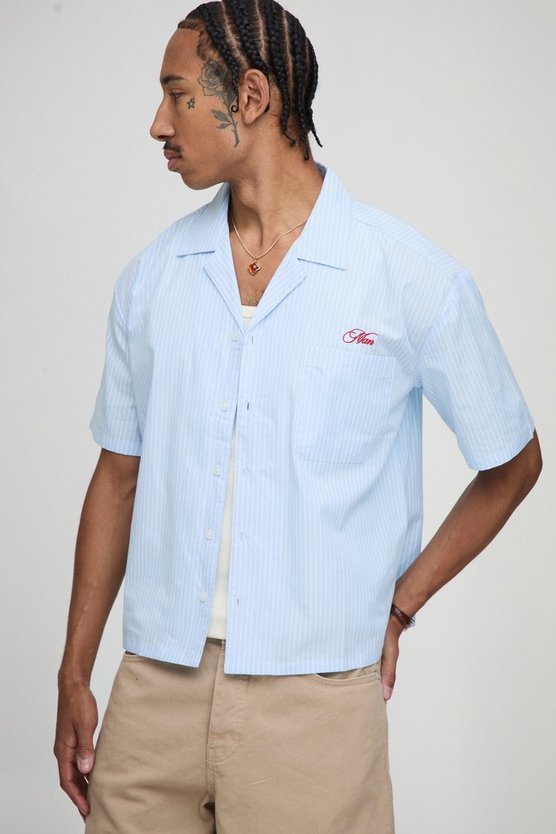 Oversized Boxy Revere Man Embroidered Stripe Shirt