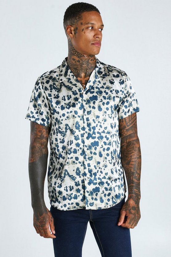 Short Sleeve Revere Collar Leopard Satin Shirt 1 Short Sleeve Revere Collar Leopard Satin Shirt