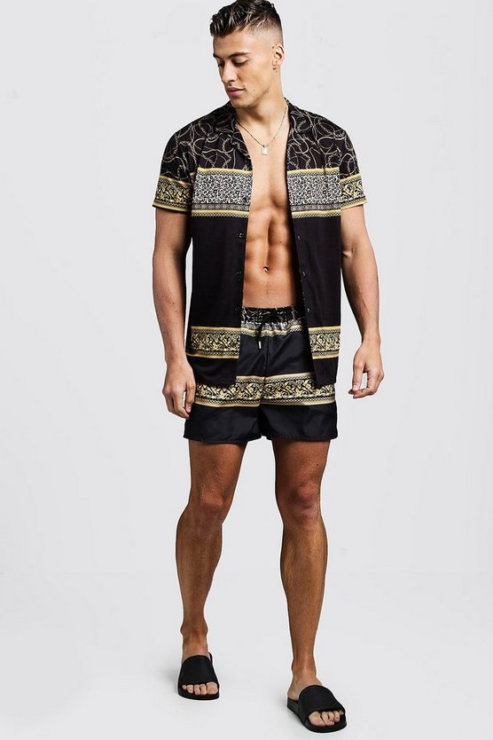 Chain Print Revere Shirt & Swim Short Set 1 Chain Print Revere Shirt & Swim Short Set