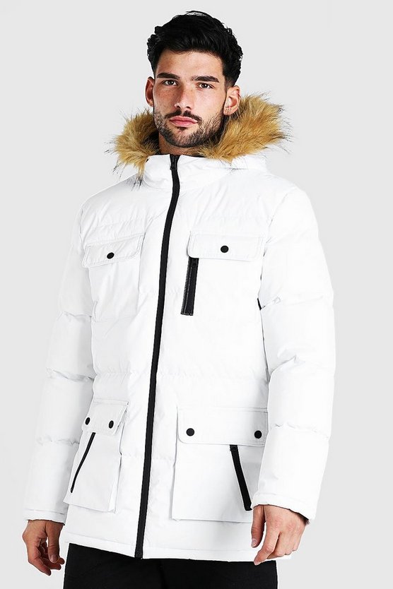 Multi Pocket Quilted Parka With Faux Fur Hood 1 Multi Pocket Quilted Parka With Faux Fur Hood