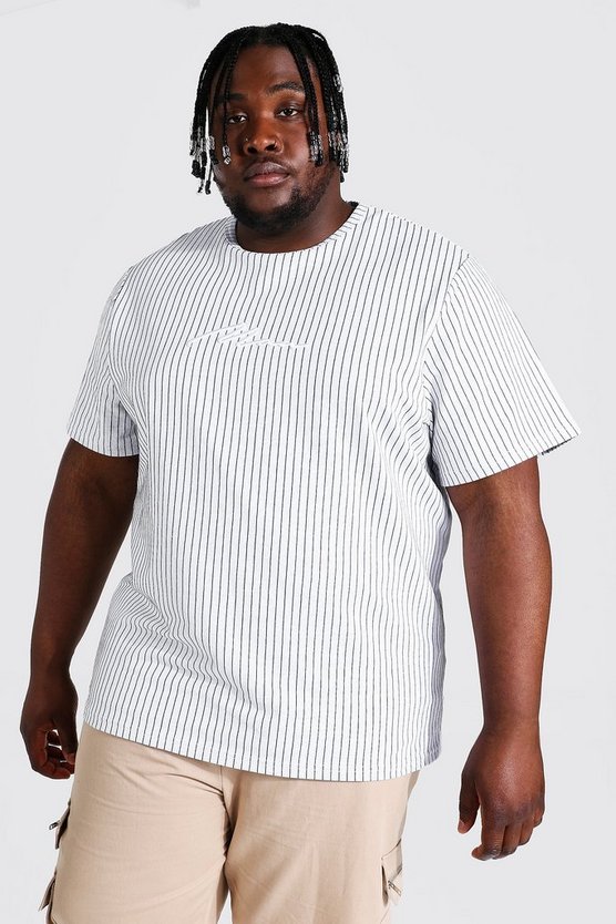 Plus Size Man Script Pinstripe T-shirt 1 Plus Size Man Script Pinstripe T-shirt