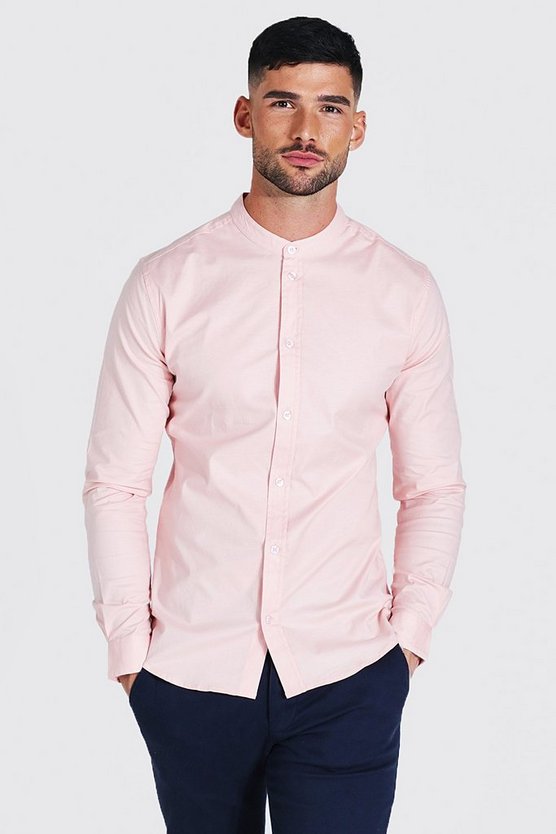 Plain Grandad Collar Oxford Muscle Shirt 1 Plain Grandad Collar Oxford Muscle Shirt